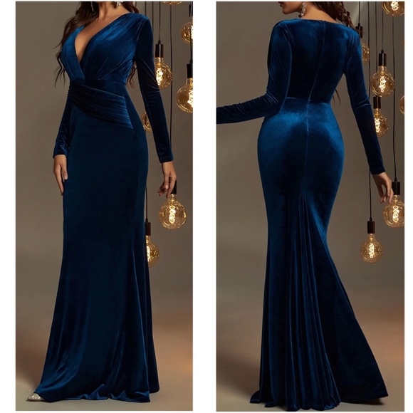 Luxe Velvet Plunging Neck Mermaid Hem Party Formal Wedding Dress - Picture 3 of 5